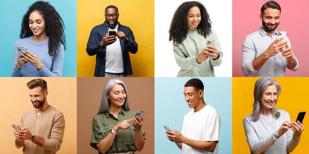 Collage of multi generations diverse people using smartphones